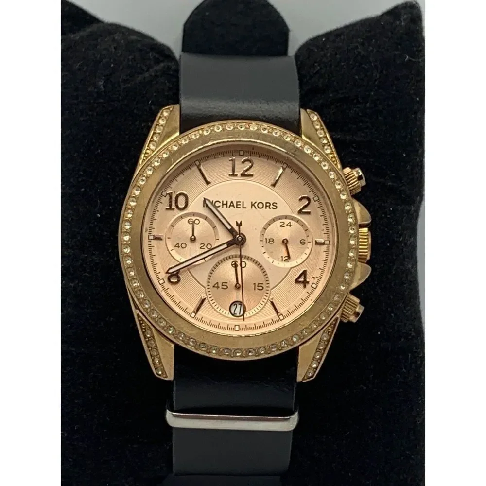 Michael Kors MK5859 Women Black Leather Analog Rose Gold Dial Quartz Watch JD246